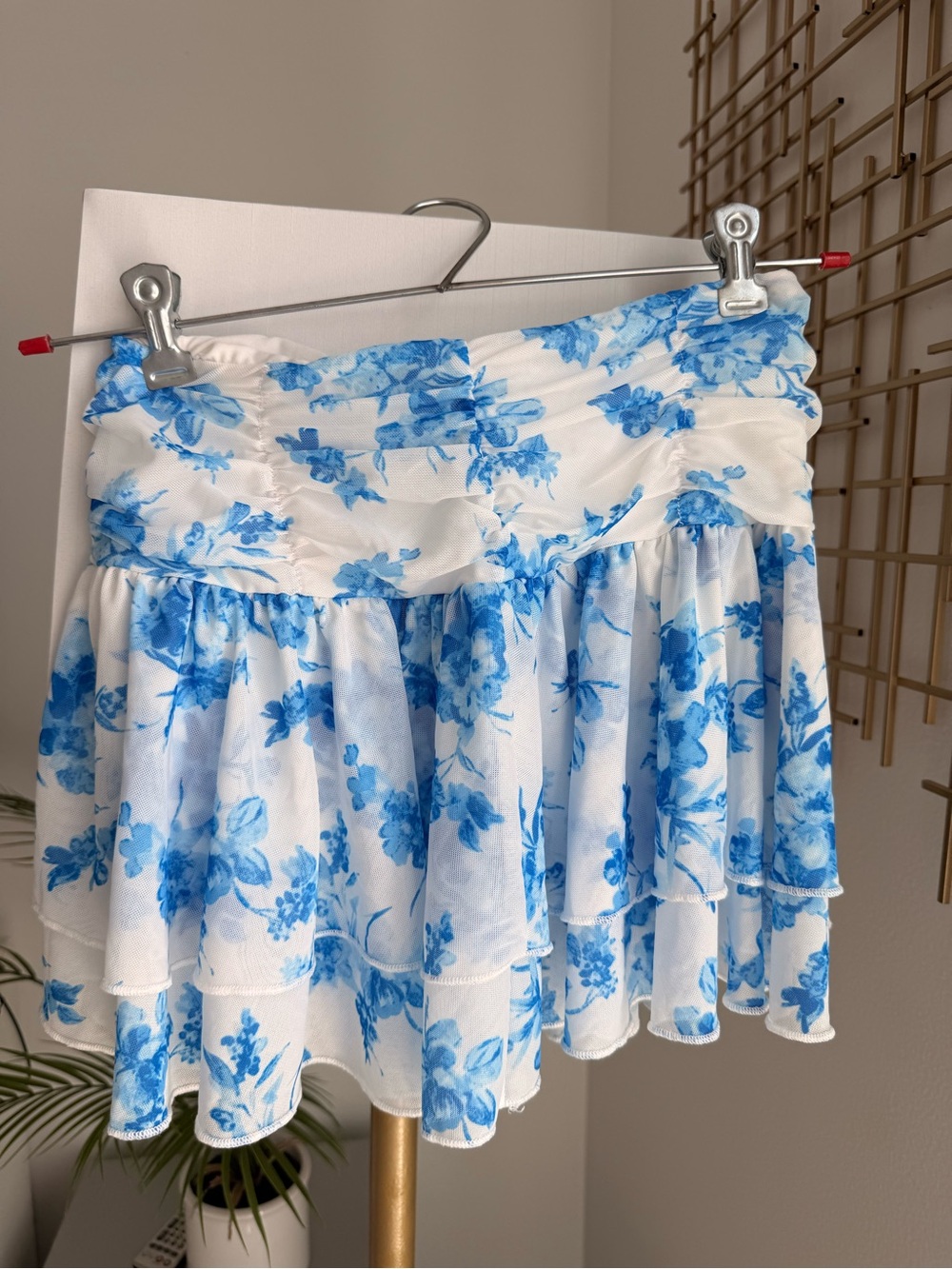 SHEIN White Mini Skirt with Blue Floral Ruffles